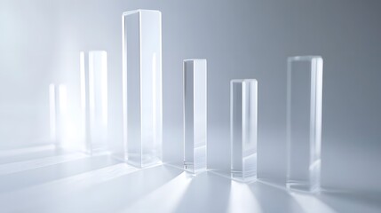 Digital bar chart made of crystal-clear glass bars, representing data visualization in a modern and futuristic style