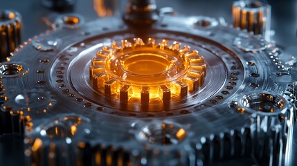 Closeup view of glowing gear mechanism with intricate metallic details