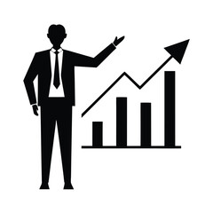 Confident businessman silhouette decisively points at rising growth chart with strategic focus