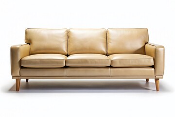 Modern Beige Leather Sofa, Minimalist Design, White Background, Vintage Style Photo