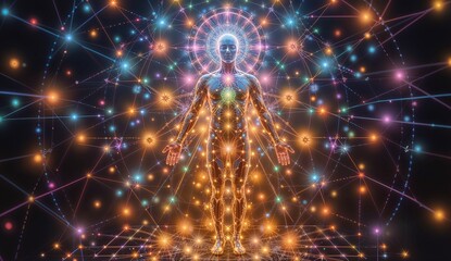 Human figure with radiant aura layers and energetic matrix field.  Interaction between physical and astral bodies 