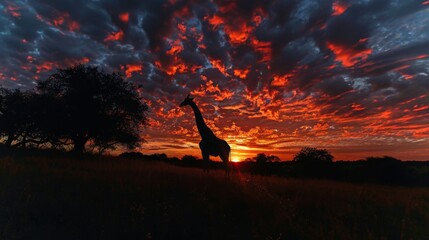 Fototapeta premium A tall giraffe stands gracefully amidst grass as the sun sets, casting vibrant hues of orange and red across the dramatic sky, creating a serene and picturesque atmosphere.