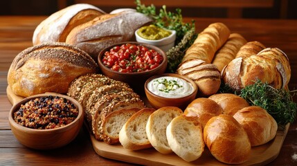 Creative food layout with assorted breads and dips