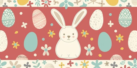 A red and white Easter bunny is sitting in front of a bunch of eggs and flowers