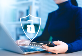 Cybersecurity concept. Lock icon and password input. Woman using laptop with shield icon...