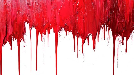 Red paint dripping down, white background, dripping texture, fluid red color, dynamic art composition, creative paint splashes, bold brushstrokes, minimalistic design