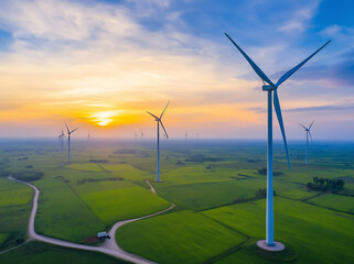 Fototapeta premium Aerial view of wind turbines for green energy and a sunset sky at a farm in a rural area
