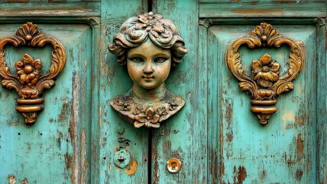 Antique door knocker with cherubic face on weathered turquoise wood in a rustic setting