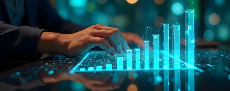 A high tech hand working on a reflective digital pad with ascending charts glowing visuals cyberpunk style blue and green neon lights.