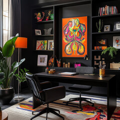 Stylish home office with bold artwork, black furniture, layered textiles, and moody lighting, creating a dynamic artistic ambiance