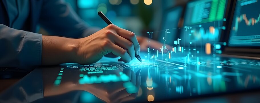 A high tech workspace with a hand annotating data on a reflective digital pad glowing stock market trends blue and green visuals futuristic aesthetic.