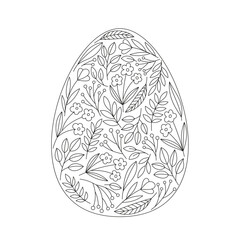 Easter egg silhouette with floral ornament. Coloring page design for Easter. Spring floral design. Line art illustration for print.