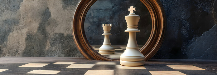 Illustration of a pawn chess piece, in front of an ornamental mirror. The reflection reveals a majestic queen chess piece, symbolizing the potential for greatness within each person. 3D cartoon