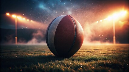 Dramatic Foggy Rugby Field: Macro Close-up of a Rugby Ball