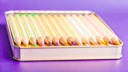 A box of metallic color pencils shimmering under soft light. 