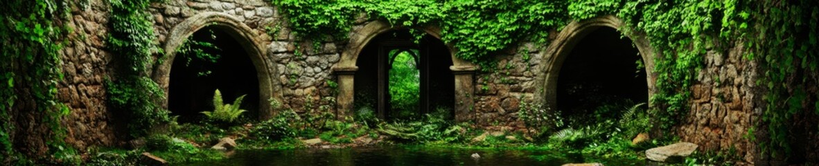 Ancient stone ruins overgrown with lush green ivy create a mystical and enchanting forest scene.