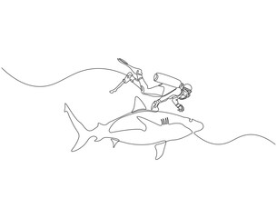 Continuous one line drawing of scuba diver diving with shark. One line drawing illustration of scuba diver swim with shark. Diving with marine animal concept single line. Editable outline