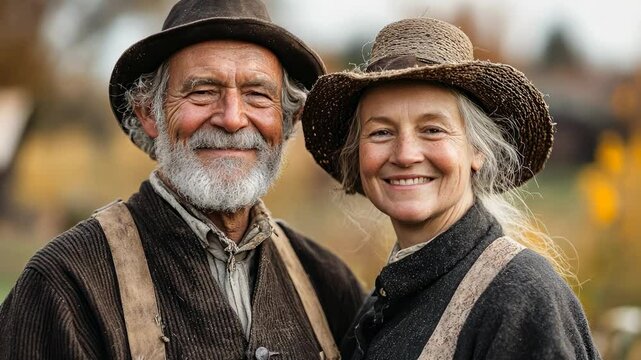 smiling man and woman farmers on farm background, family, household, spouses, traditional amish settlement, retirement lifestyle