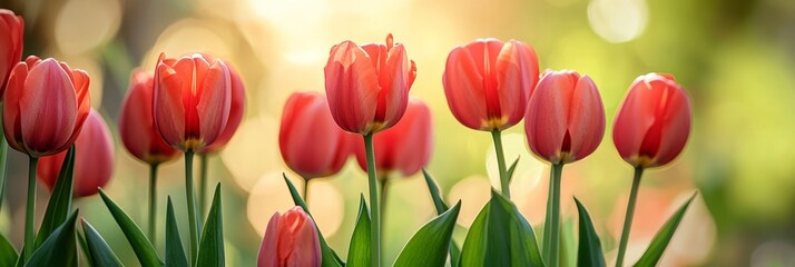 Fototapeta premium Beautiful tulips are blooming in spring with a dreamy bokeh lights background with copy space for your text