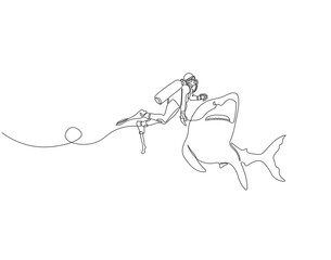 Continuous one line drawing of scuba diver diving with shark. One line drawing illustration of scuba diver swim with shark. Diving with marine animal concept single line. Editable outline