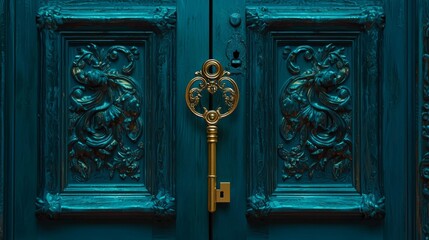 Ornate Antique Key Positioned on Decorative Blue Door with Intricate Carvings and Timeworn Charm