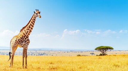 Obraz premium Giraffe in Savanna: A majestic giraffe stands tall in the vast African savanna, with a vibrant blue sky and acacia tree.