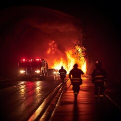 Firefighters working hard to extinguish a large intense raging wildfire