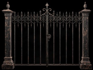 Ornate, aged wrought iron gate, dark background, historical fence