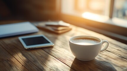 Morning Coffee, Workspace, Sunlight, Wooden Table