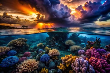Naklejka premium Dramatic Low Light Stormy Sky over Coral Reef, Ocean Scene