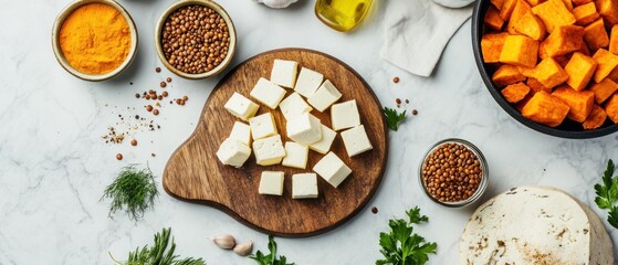 Fototapeta premium Assorted Plant-Based Ingredients Displayed on a Flat Surface for Culinary Preparation and Recipe Development