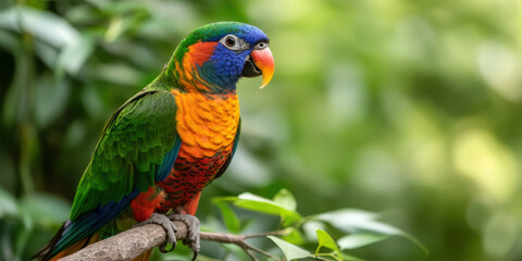 Naklejka premium Vibrant Rainbow Lorikeet Perched on Branch in Lush Greenery