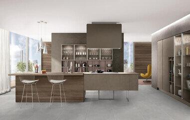 3D Render of a Contemporary Kitchen Interior Featuring Sleek Design and Modern Appliances