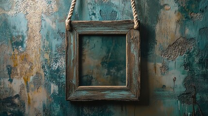 Vintage wooden frame, hanging on rope, rustic texture, distressed finish, old wooden frame, traditional art decor, weathered appearance, timeless style, charming vintage frame