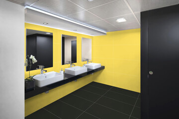 3D Render of a Stylish Modern Bathroom with Yellow Accent Walls and Dual Sinks