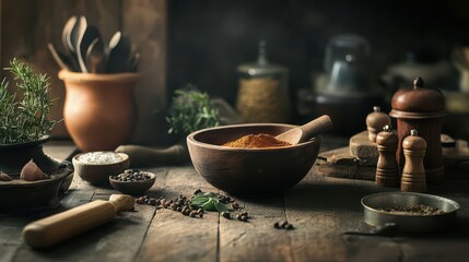 Rustic Kitchen Setting with Spices and Utensils
