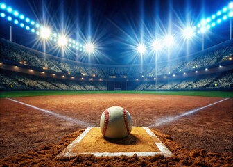 Dramatic Night Softball Game: Well-Lit Diamond Stock Photo