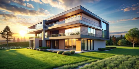 Obraz premium Modern Multi-Family House on Green Meadow - Architectural Photography