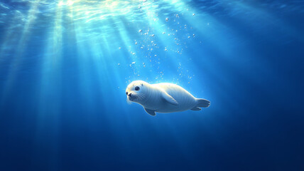 Obraz premium baby seal floats serenely in crystal clear water, surrounded by sunlight. Its playful demeanor adds sense of joy to tranquil underwater scene