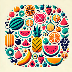 A colorful minimalist illustration featuring table fruits like apple, banana, orange, pineapple, watermelon, melon, mango, grape, kiwi, and berries on a white isolated background.