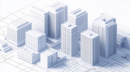 A meticulously detailed, architectural isometric view of a city block, clean and minimalist, featuring several modern skyscrapers and buildings, all rendered in a light gray,