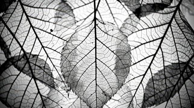 Delicate black and white close-up of translucent leaves layered together, showcasing intricate vein patterns, Ideal for nature-themed projects, backgrounds