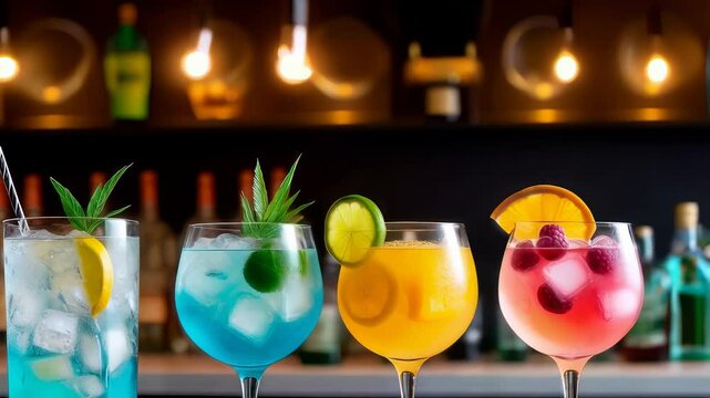 Vibrant cocktail display with exotic fruit garnishes in colorful bar ambience