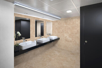 3D Render of a Modern Bathroom Featuring Elegant Beige Tiling and Dual Sinks