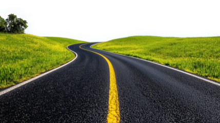 winding asphalt road through lush green fields creates serene landscape