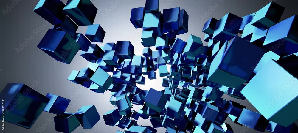 Poster dynamic blue geometric blocks explode and swirl in abstract motion