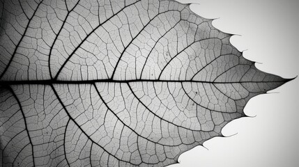 Obraz premium A close-up of a delicate leaf showcases intricate vein patterns in black and white, perfect for nature-focused designs, eco-friendly themes, or educational materials about botany and anatomy,