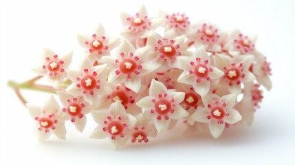 Obraz premium Hoya Flowers Close-up on White Background. Elegant and Beautiful Red and Pink Flowers with Nectar