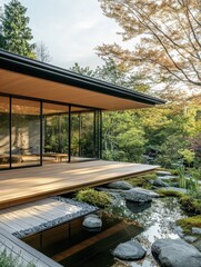 Fototapeta premium Modern outdoor living space with a beautiful garden area