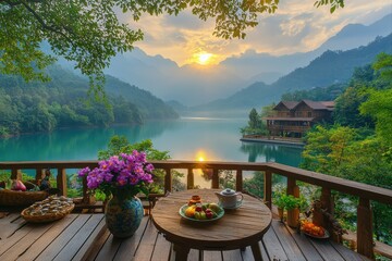 Fototapeta premium Serene sunrise over tranquil lake scenic viewpoint nature photography peaceful environment